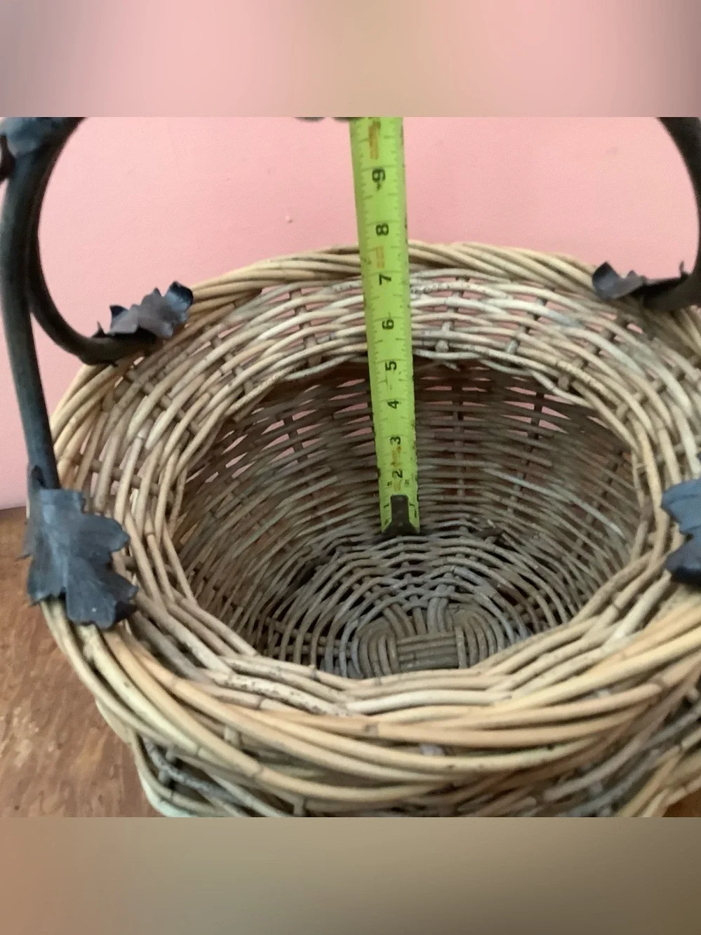 Vintage Handmade Wicker Basket, Wrought Iron Handle, Glass Rings & Oak Leaves